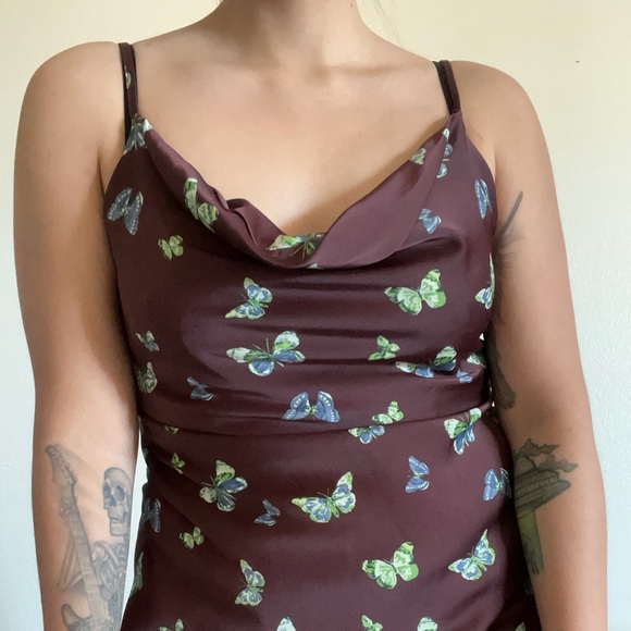 Urban Outfitters Brown Silk Slip Dress with Green Butterfly Pattern - Picture 3 of 4